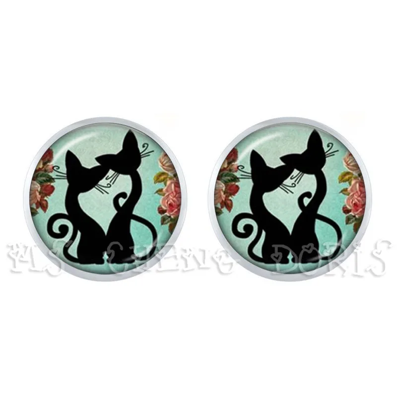 New Multiple Color Classic Fashion 12 MM Glass Cabochon Kitten Animal Jewelry Cute Cat Stud Earrings For Women Girls