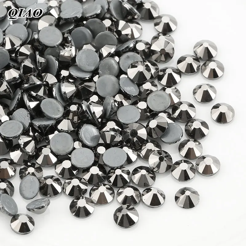 QIAO Jet Hematite Hot Fix Rhinestones Crystal Glass Iron On Rhinestones For Clothes Wedding Decoration SS6-SS30