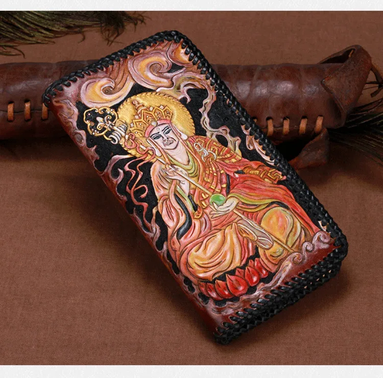 Genuine Leather Wallets Carving Ksitigarbha Bodhisattva Knitting Zipper Bag Purses Men Clutch Vegetable Tanned Leather Wallet