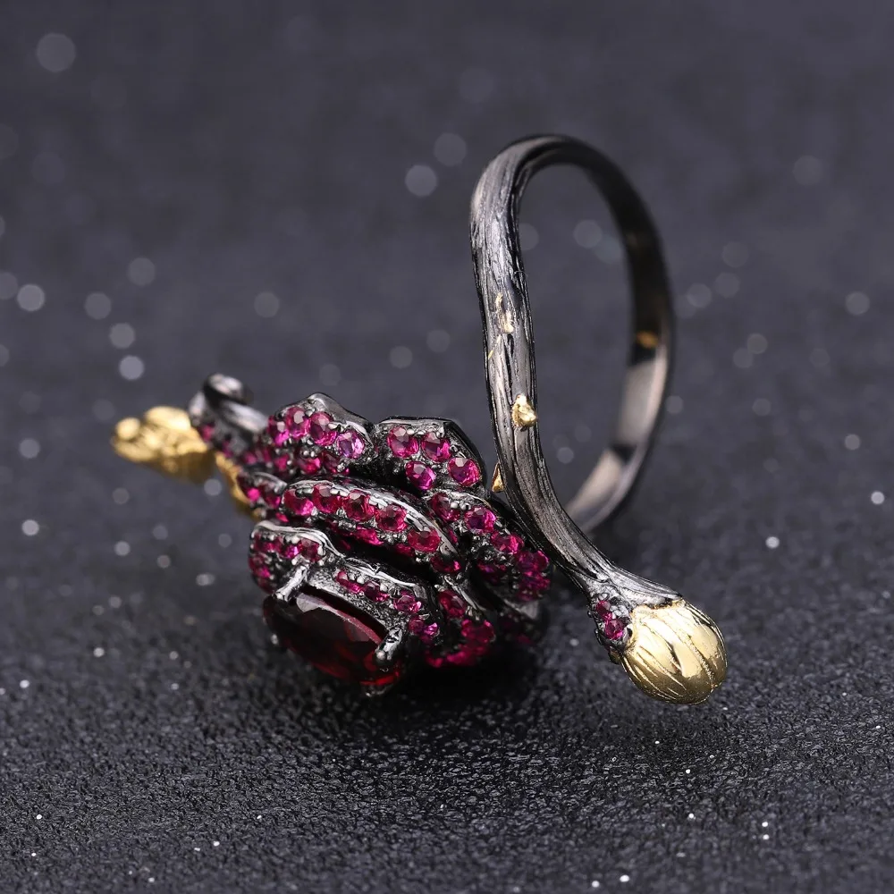 GEM\'S BALLET 1.00Ct Natural Rhodolite Garnet Rose Flower Ring 925 Sterling Silver Handmade Adjustable Open Ring for Women Bijoux