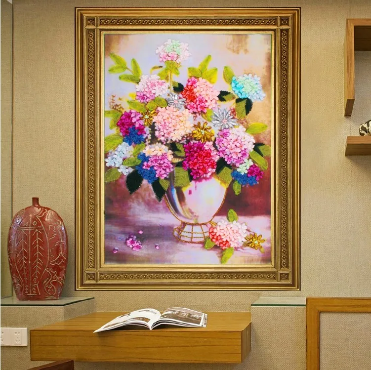 Needlework,Chinese DIY Ribbon Cross stitch Sets for Embroidery kit, vase flowers bands embroidery wedding gift wall decoration