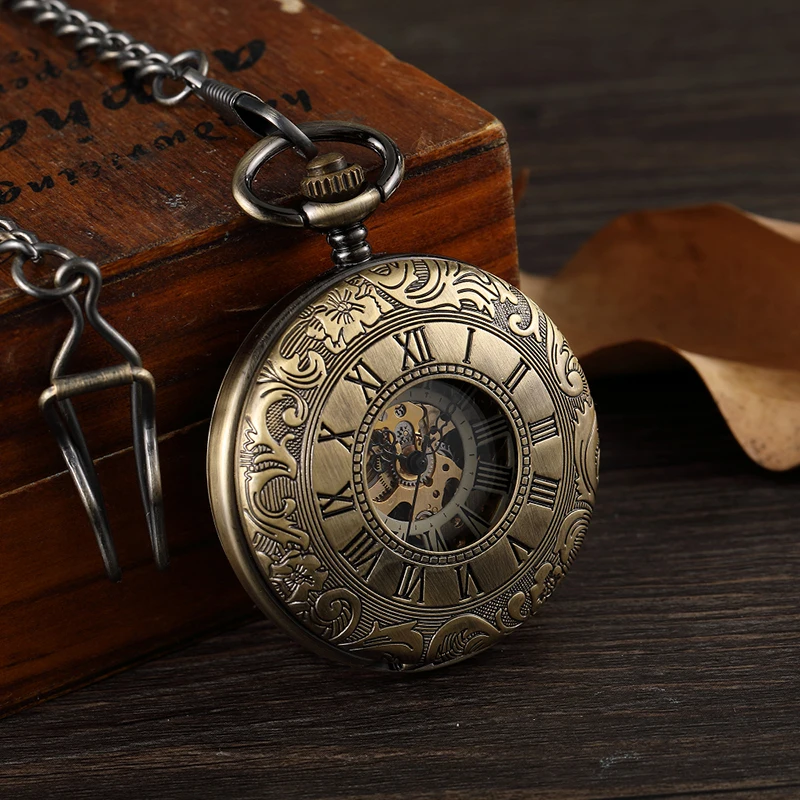 Dupla Face Mecânica Pocket Watch Homens Oco Steampunk Esqueleto Mão Vento Vintage Pocket & Fob Relógio Masculino Relógio Cintura Cadeia