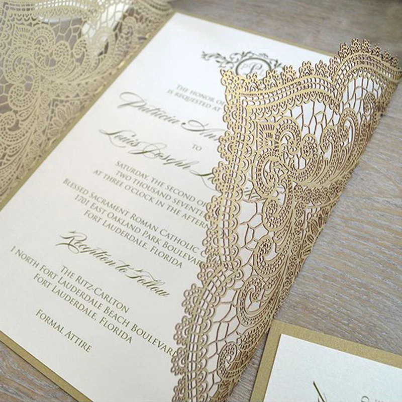 Gold Lace Wedding Invitations Suite Elegant Laser Cut Invitation with RSVP Cards Customized Wedding Cards - set of 50