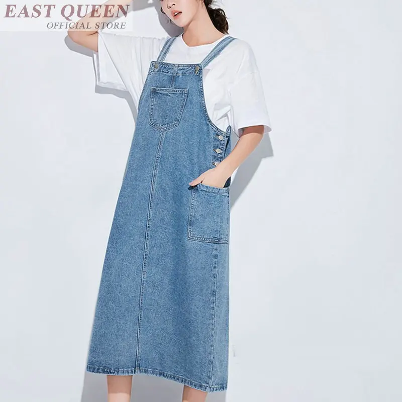 

Women jeans dresses spaghetti strap denim overalls sundress a-line sleeveless mid-calf solid summer female dressing DD591 L