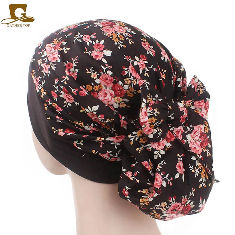 Turbante elástico vintage para mulheres, lenço de algodão, boné de quimio, bandana de bowknot, gorro de dormir, boné de cabelo, nova moda