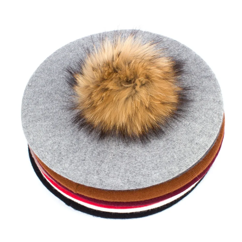 Geebro Women Berets Hat Winter Casual Knitted Wool Berets With Natural Raccoon Fur Pompon Ladies Solid Color Beret Hats GS110