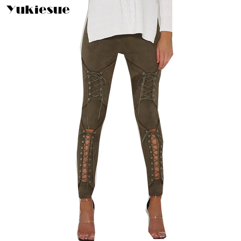 Suede Leather Pants Women 2022 Autumn Winter Lace Up Bodycon High Waist Pants Leggings Soft Pencil Pants Female Bottom femme