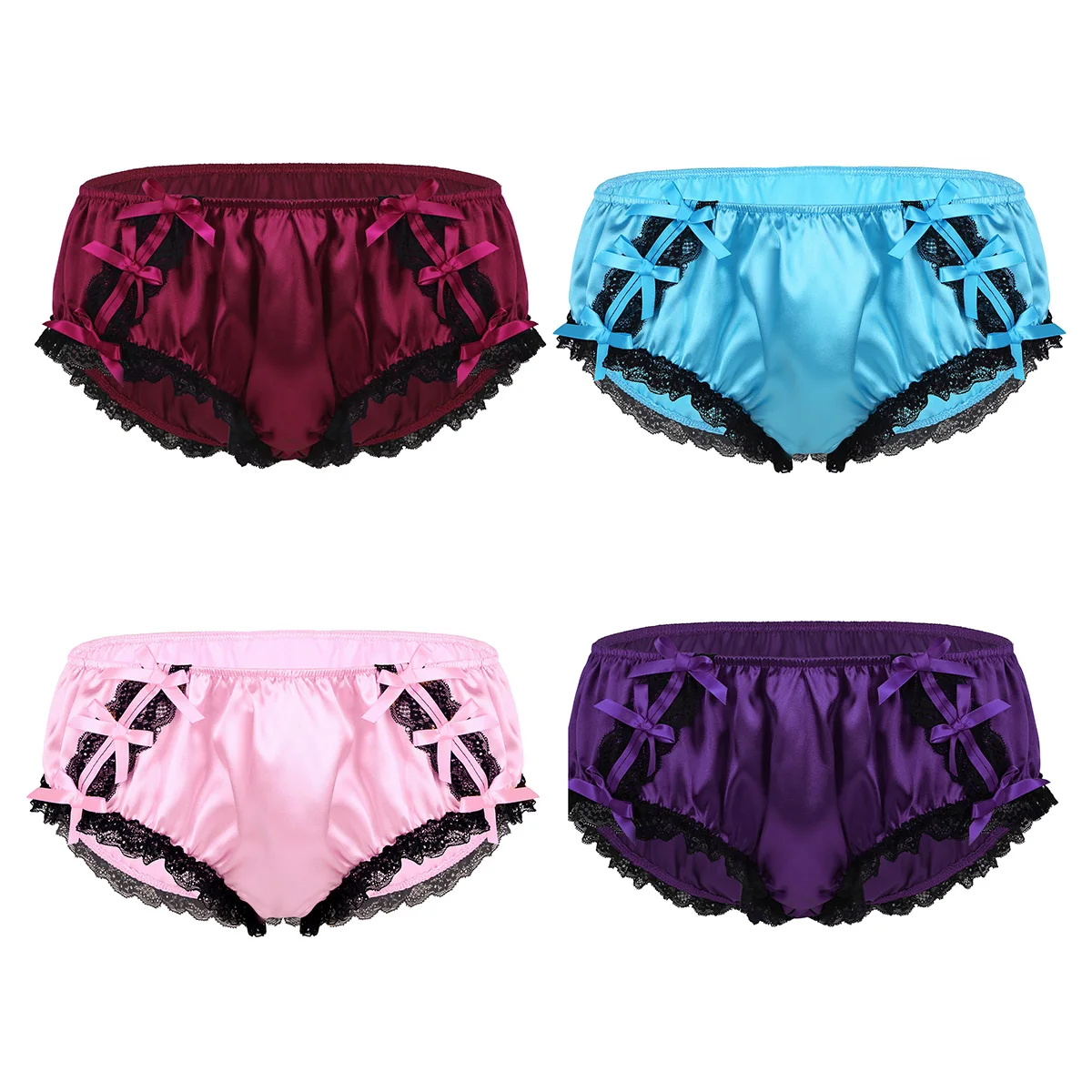 Mens Sissy Panties Shiny Ruffled Lace Satin Low Rise Stretchy Gay Male Bikini Jockstraps Briefs Lingerie Underwear Underpants