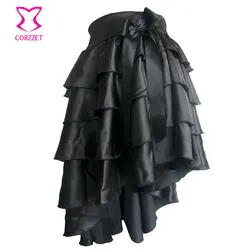 Victorian Black Ruffle Satin Layered Asymmetical Gothic Skirt Women Skirts With Bow Matching Steampunk Corsets and Bustiers