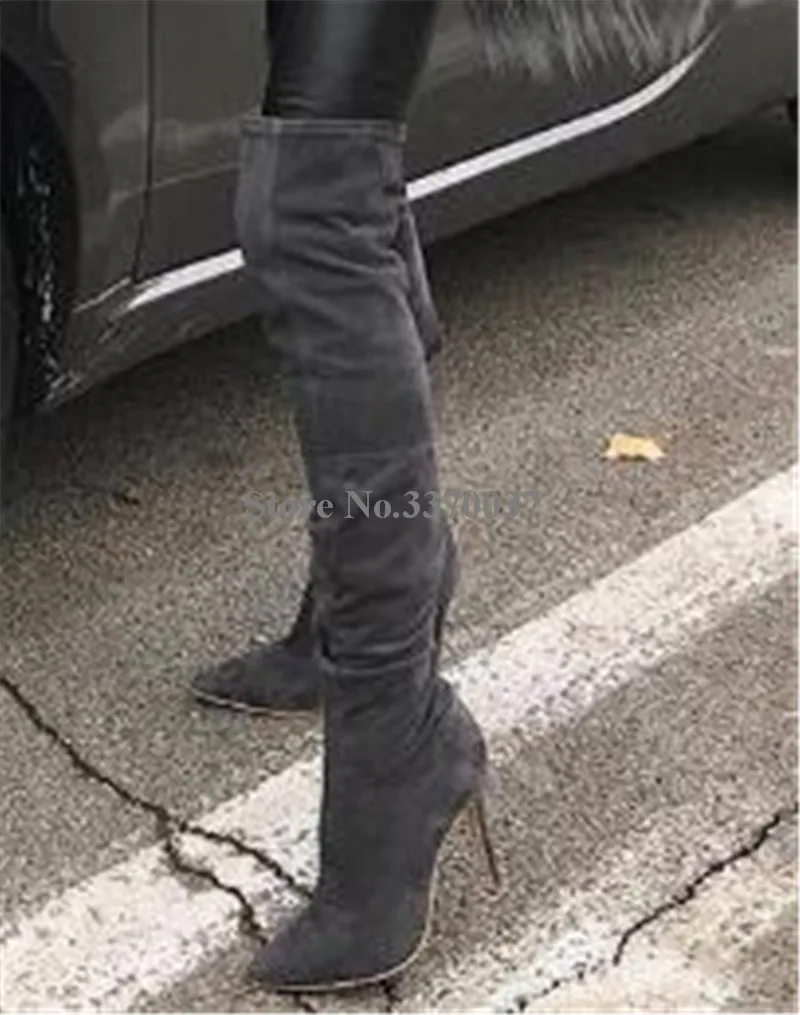 Linamong Women Fashion Pointed Toe Suede Leather Over Knee Thin Heel Boots Dark Grey Slim Style Long High Heel Boots Club Shoes image 2