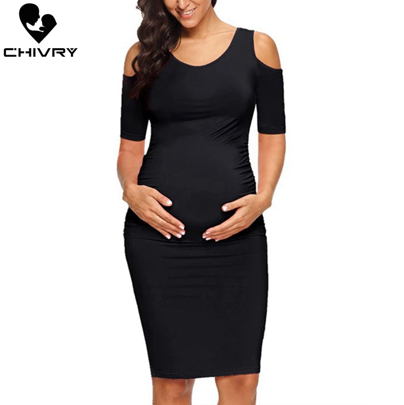 Chivry New Maternity Women Pregnancy Dresses Mama Clothes O-Neck Solid Sexy Off Shoulder Bodycon Pregnant Women Casual Dress