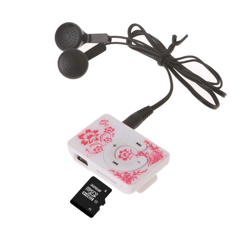 ANENG Mini Clip Floral Pattern Music MP3 Player 32GB TF Card With Mini USB Cable + Earphone