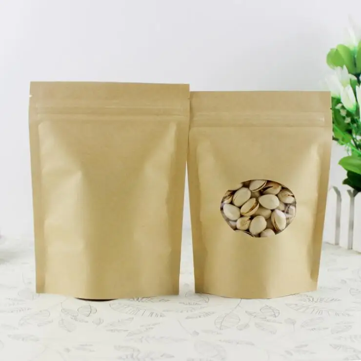 

18*26+4cm 1000pcs Stand Up Clear Oval Window Brown kraft paper bags with Zipper lock for Food/Tea/Nut Resealable Packaging Bag