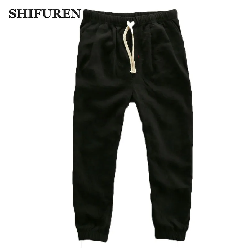 SHIFUREN Linen Cotton Pants Men Soft Breathable Long Pants Elastic Waist Loose Male Causal Trousers Bottoms Plus Size M-4XL