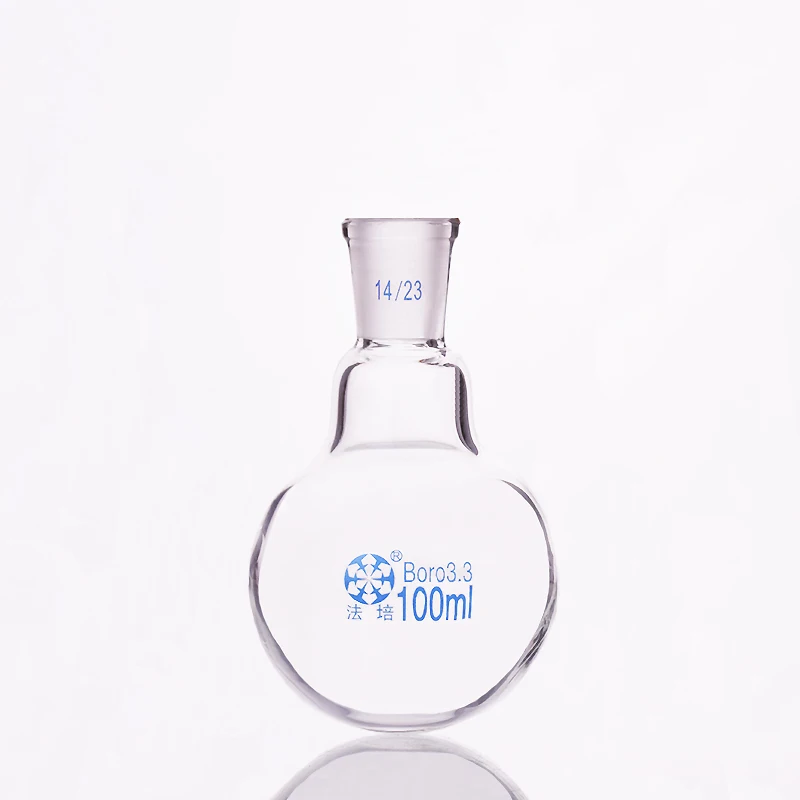 Boca padrão única Frasco de fundo redondo, 5ml-100ml-250ml e junta 14 23, vidro borosilicato