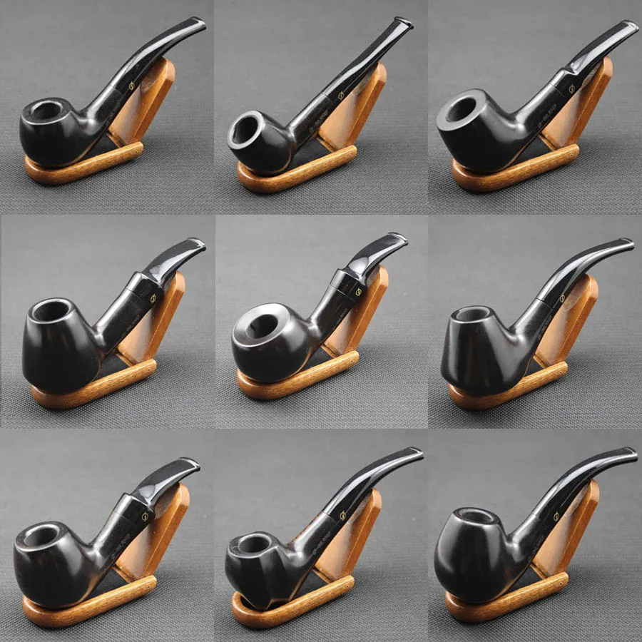 Vintage Handmade Natural Ebony Wood Smoke Tobacco Smoking Pipe Set Black Wooden Pipe + Pouch + Holder +10X 9mm Pipe Filters Tool