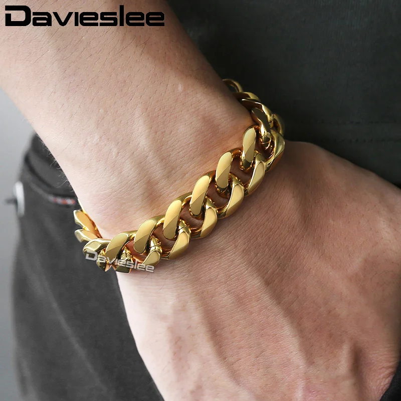 Davieslee Bracelets For Men Rose Gold Silver Color Curb Cuban Link Chain Stainless Steel Men Bracelet 2018 Jewelry 14mm LKBM25