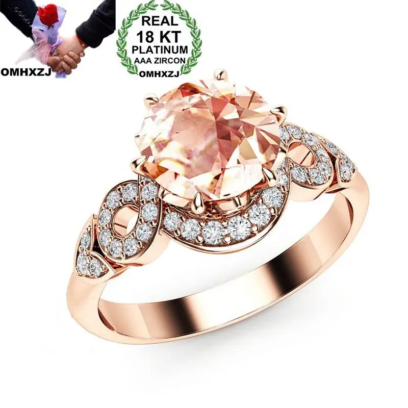 OMHXZJ Wholesale European Fashion Woman Man Party Wedding Gift Luxury White Round AAA Zircon 18KT Rose Gold Ring RR550