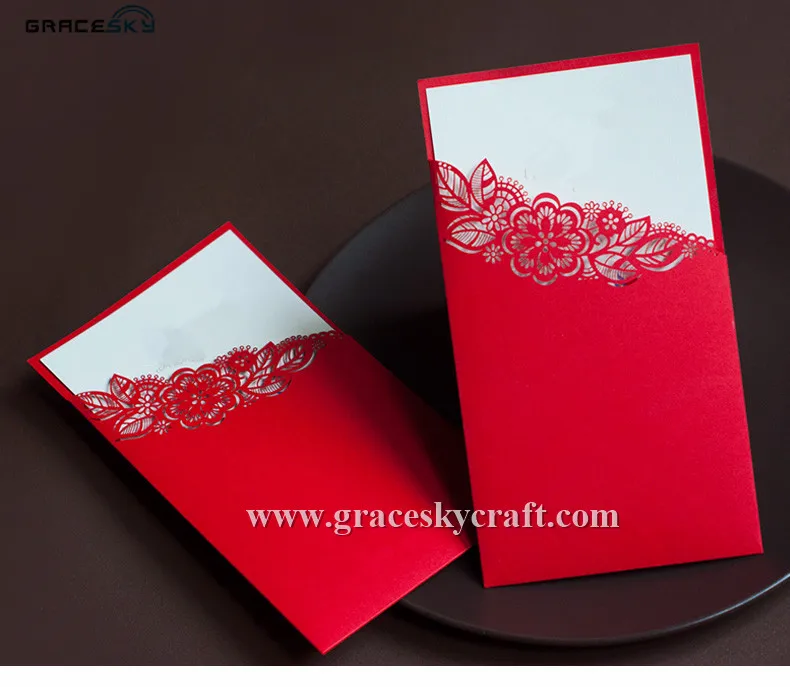 

50pcs NEW RED 23 COLORS Free Shipping Laser Cut hollow flower pocket style Wedding Invitations Cards with inner Blank Cards