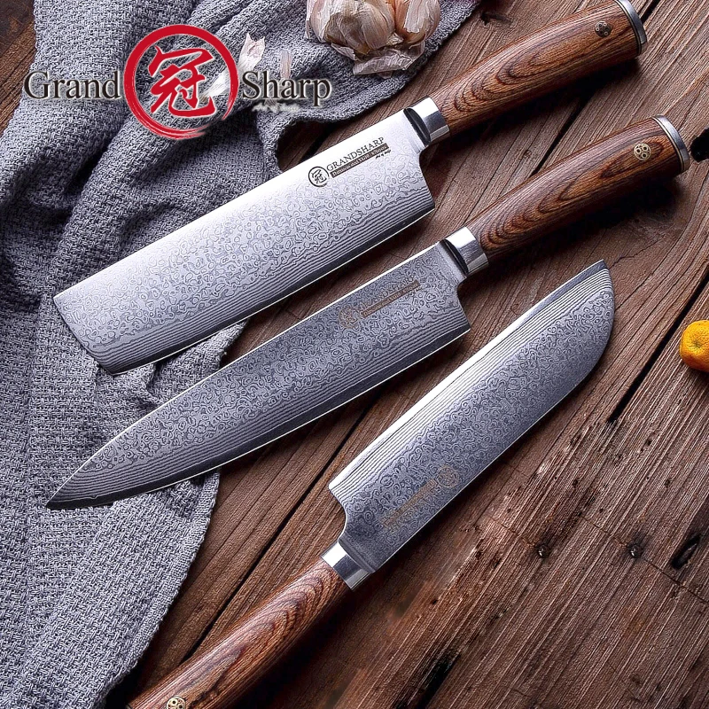 3 Pcs Kitchen Knife Sets  VG10 Japanese Damascus Steel Chef Santoku Nakiri Damascus Kitchen Knives Tools Gift Box Grandsharp