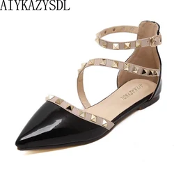 Aiykazysdl Women Pointy Toe Oxfords Flat Heel Shoes Ankle Wrap Rivets Studs Ballet Flats Cut Out Shoes Moccasins Hollow Sandals