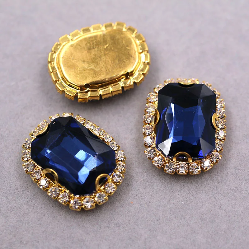 Gold base Rectangular octagonal shape Ink Blue sew on rhinestones glass Crystal button DIY Wedding dress/clothing accessories