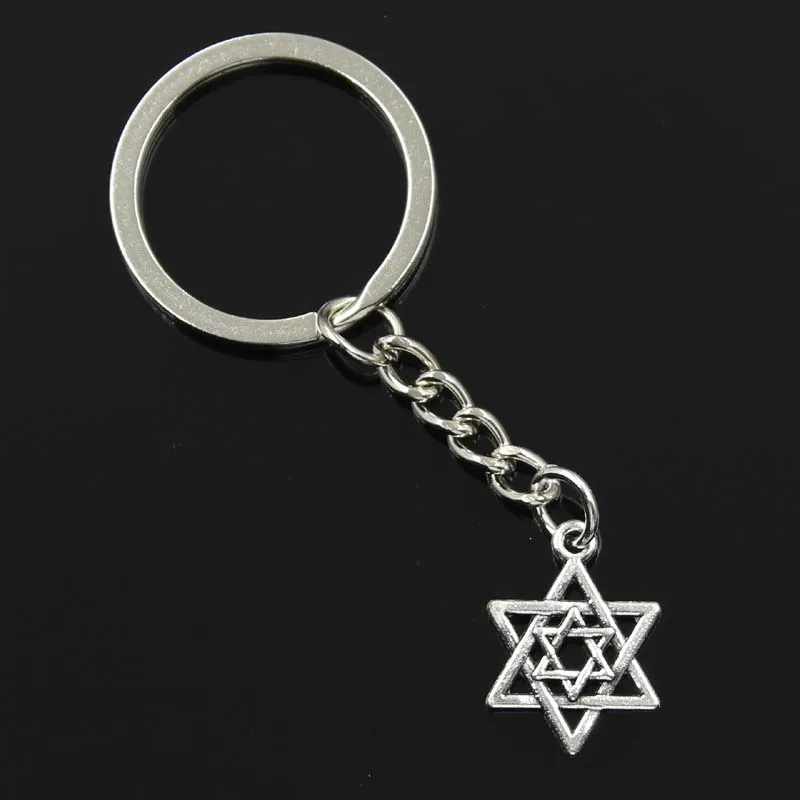 New Fashion Men 30mm Keychain DIY Metal Holder Chain Vintage Star Of David Shield 22x16mm Silver Color Pendant Gift