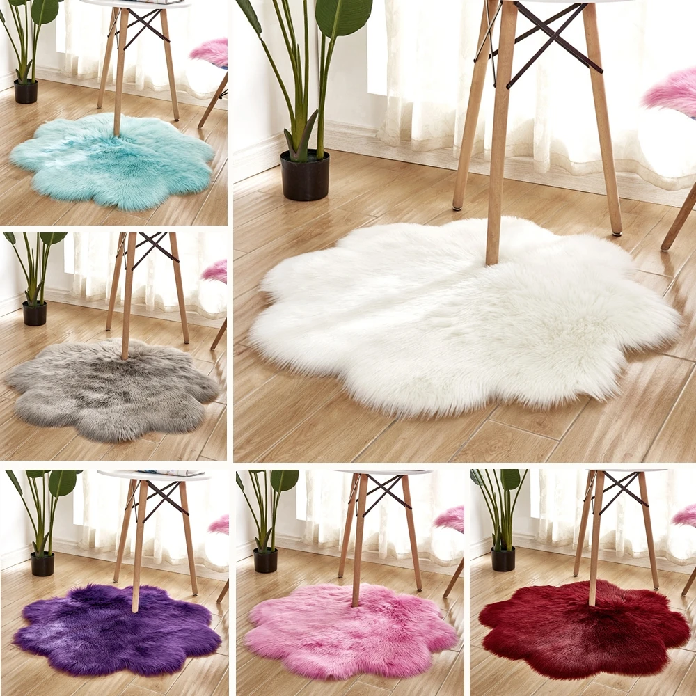 RAYUAN Floral Shape Artificial Wool Sheepskin Hairy Carpet Faux Mat Seat Pad Fur Plain Fluffy Tapetes Soft Area Rug 90CM