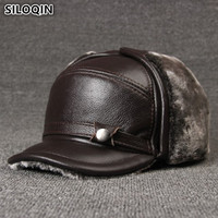 SILOQIN Genuine Leather Cap Men's Winter Hats Plus Velvet Thick Fur Warm Cowhide Leather Bomber Hats With Ears Windproof Dad Cap