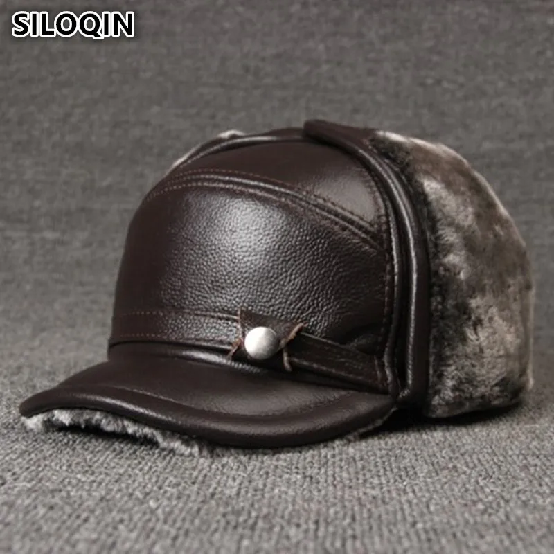 SILOQIN Genuine Leather Cap Men's Winter Hats Plus Velvet Thick Fur Warm Cowhide Leather Bomber Hats With Ears Windproof Dad Cap