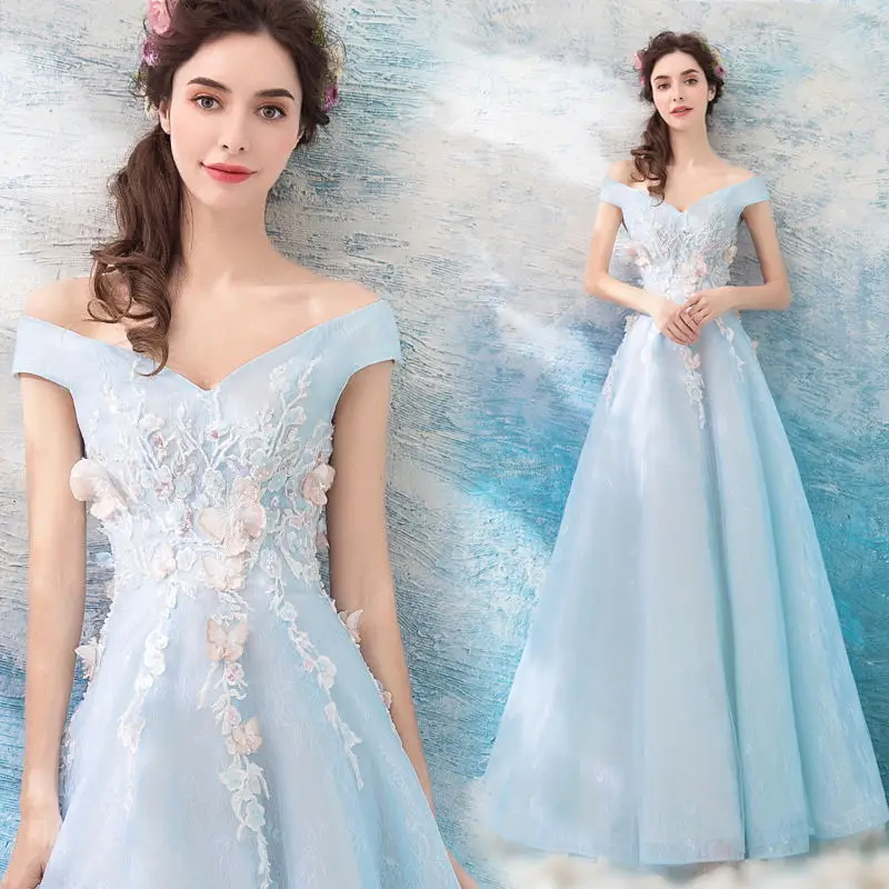 Off The Shoulder Prom Dresses Cheap 3D Flowers Appliques Beading Light Blue Long Lace Prom Party Dress Vestido Longo Festa Gala