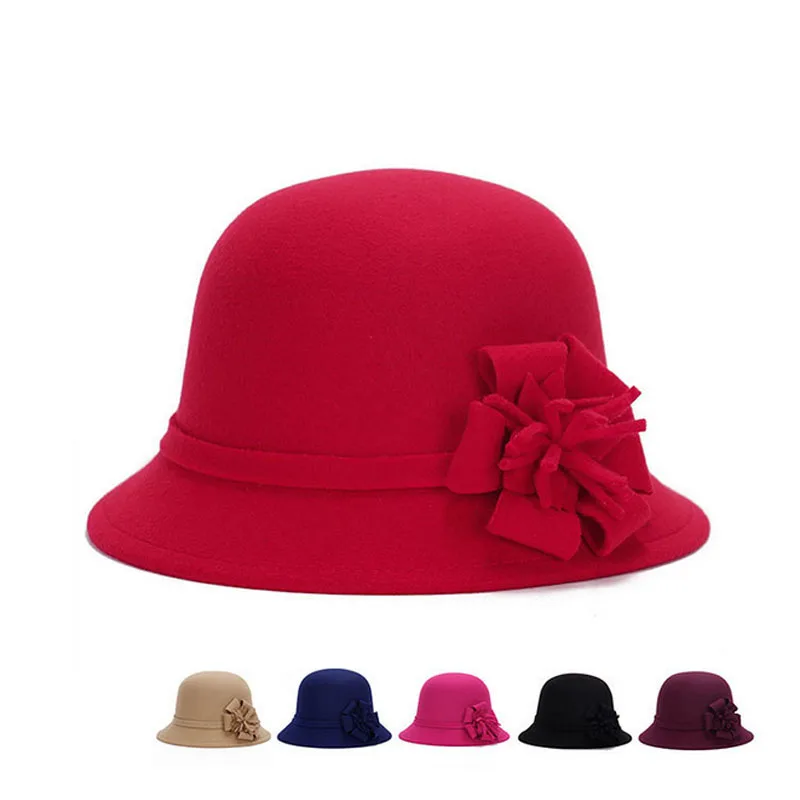 Hot Ladies Women Vintage Imitation Wool Rose Flower Felt Fedora Hat Fall Winter Cloche Bucket Cap Dome 6 Color