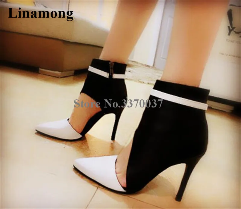 

New Design Women Pointed Toe White-black Ankle Wrap Short Boots Cut-out 10cm Thin Heel Ankle Booties Formal Dress Shoes