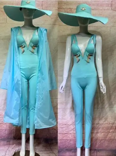 2019 Nieuwe Ontwerp 6 Kleuren Sexy Stage Dance Wear Jumpsuit Grote Hoed Prestaties Bodysuit Outfit Kostuum Team Danser Kleding Set