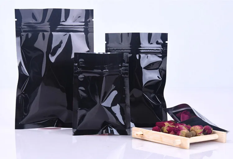 100pcs/lot Glossy Black Aluminum Foil Ziplock Bag Flat Bottom Black Packaging Bag Coffee Powder Gift Zipper Bags