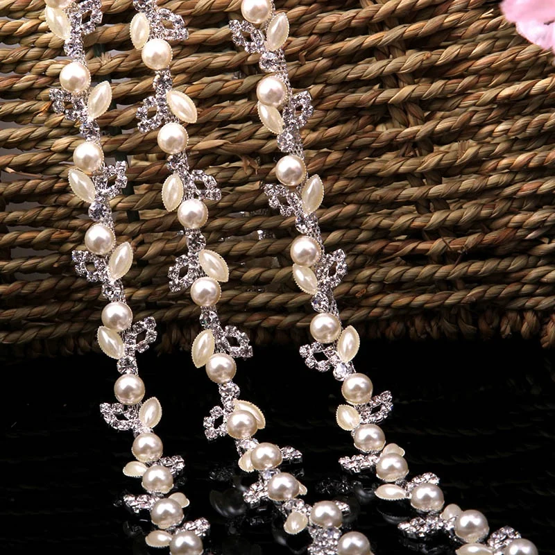 Free Shipping 5yards Rhinestone pearls Chain Bridal Sash Rhinestone Applique, Wedding Applique,Rhinestone Trimming LSRT089