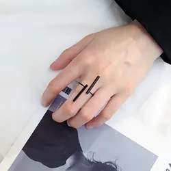 Fashion Simple Style Long strip Geometric Open Ring For Women Girl Black Silver Color Adjust Finger jewelry Birthday Gifts