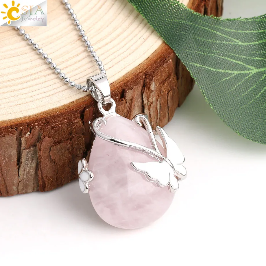 CSJA Water Drop Natural Stone Pendant Butterfly Necklace Pink Quartz Purple Crystal Tiger Eye Flower Necklace for Women Men G082