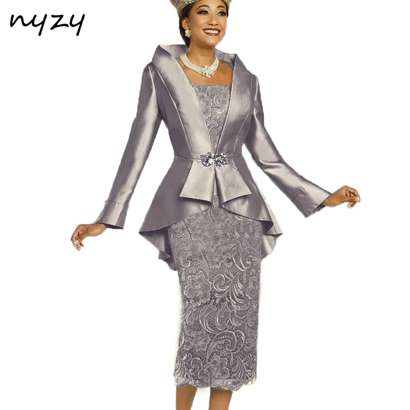 NYZY M23C 2019 Simple Elegant Formal Dress for Mother of the Bride Outfits Two Piece Groom Mother Dress with Jacket Bolero Gray