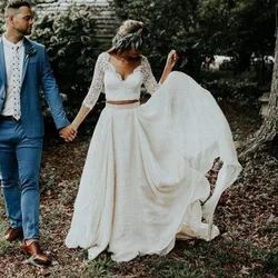 LORIE Boho Wedding Dress 3/4 Long Sleeve A Line White Ivory Chiffon Lace Princess Beach Bride Two Pieces Customized Wedding Gown
