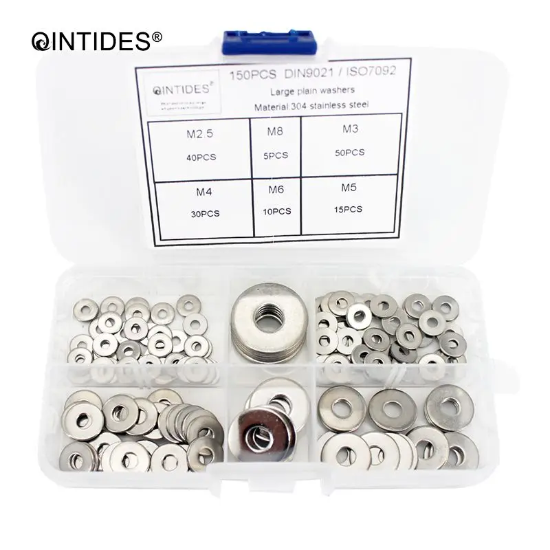 

QINTIDES 150 pieces M2.5 M3 M4 M5 M6 M8 Mix Large plain washers Product grade A Assorted kit ISO7093 DIN9021 washer