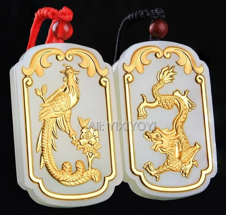 

Natural White Hetian Jade Solid Gold Chinese Handwork Dragon Phoenix Pairs Lucky Pendant + Free Necklace Jewelry Certificate