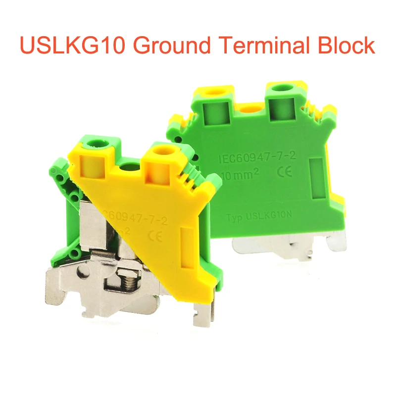 5/10Pcs USLKG10 Ground Terminal Blocks DIN Rail Type Terminal Blocks UK-10N สีเหลืองสีเขียว Earthing Morsettiera Connector 10mm2
