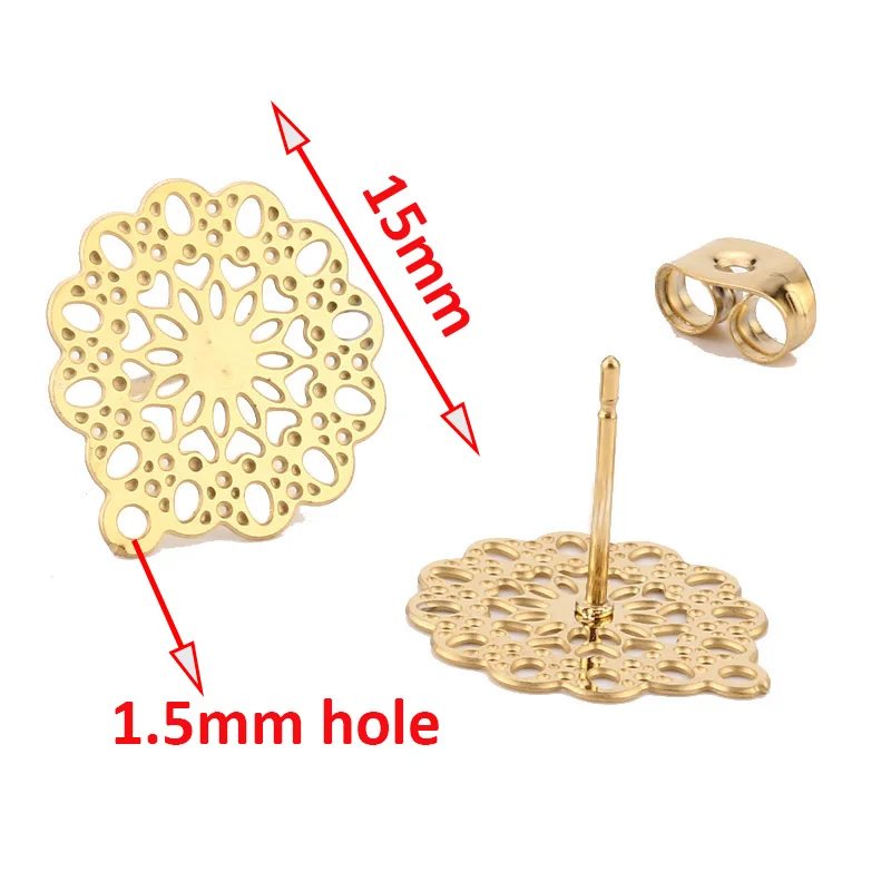 10pcs Stainless Steel Hollow Flower Gold Earring Stud Posts Pins with Hole for DIY  Making Components