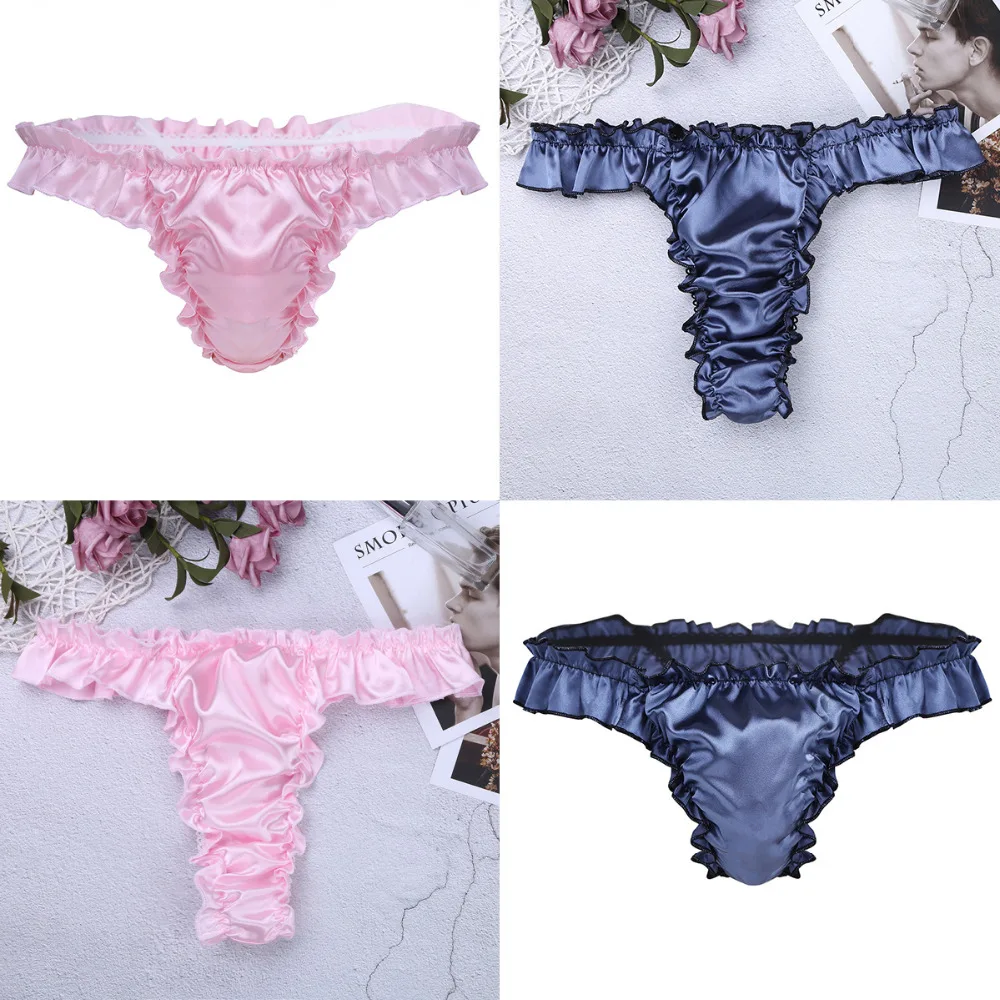 Mens Lingerie Sissy Underwear Comfortable Shiny Ruffled  Thongs Panties Frilly Sissy Bikini Elastic Waistband Briefs Underpants