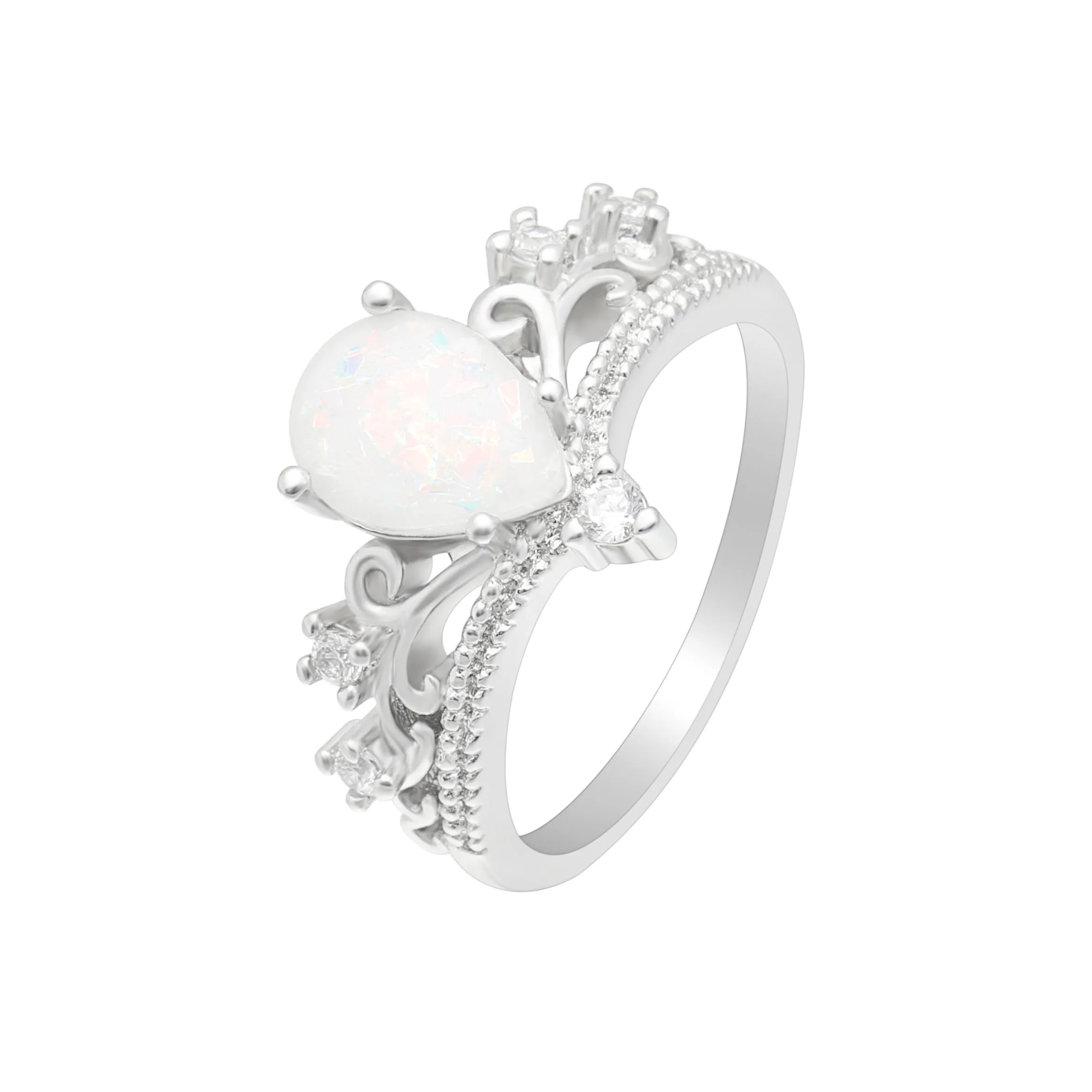 White Fire Opal Water Drop Charms Finger Ring Jewelry Silver Color Bijoux CZ Crystal Stone Crown Design Custom Ring For Women