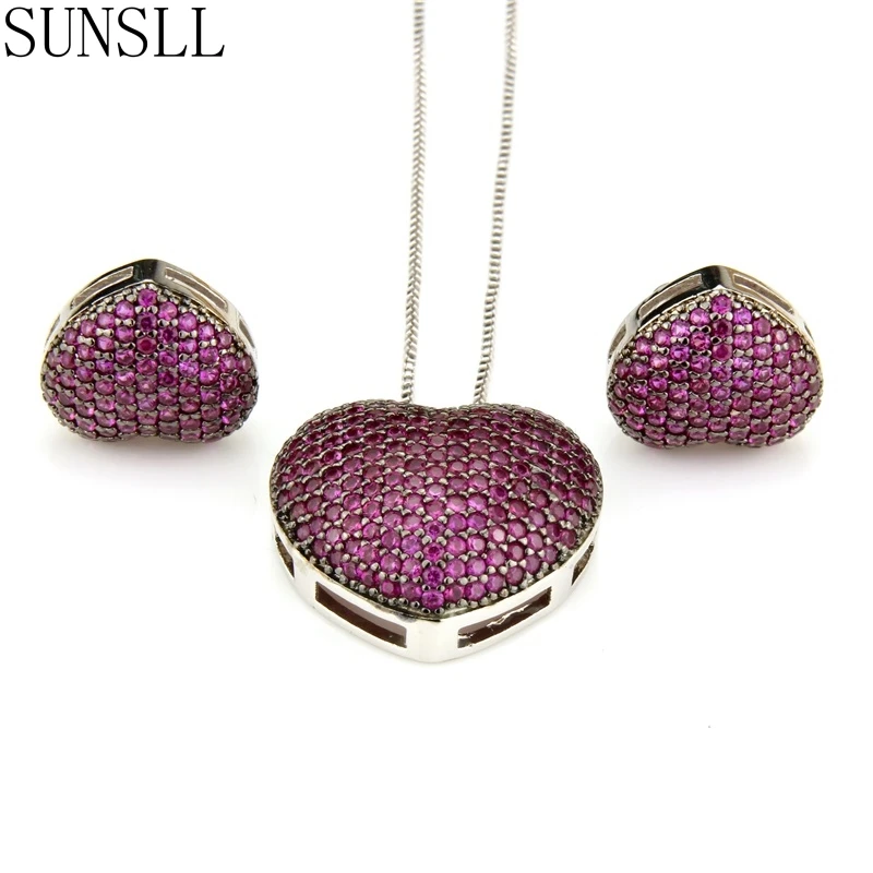 SUNSLL Two Color Copper Love Heart Multicolor Cubic Zirconia Stud Earrings And Pendant Necklaces Women's fashion Jewelry Sets