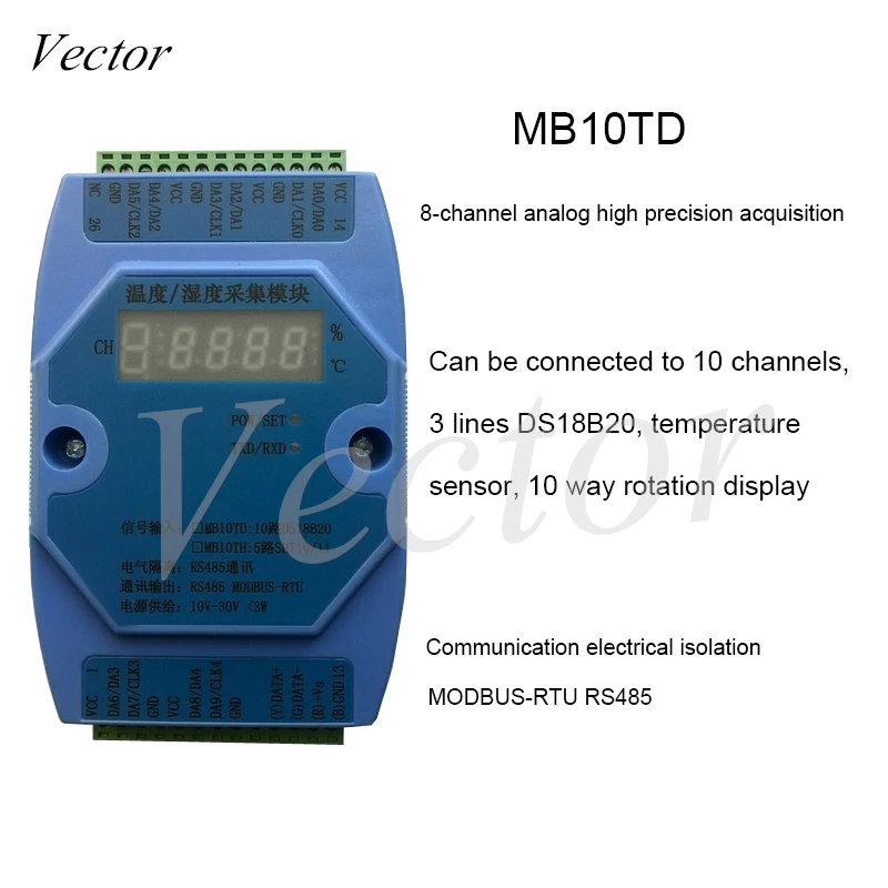 DS18B20 10-канальный многоканальный модуль сбора температуры RS485 Modbus RTU