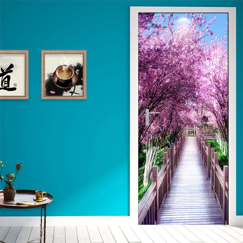 

Romantic Cherry Blossom Landscape 3D Photo Wallpaper Door Sticker Mural De Parede Living Room Bedroom Decorative Door Stickers