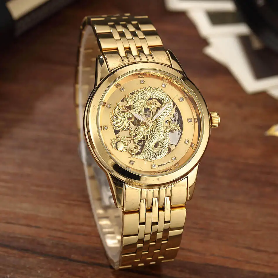 Gold Dragon Automatic Mechanical Wristwatches Full Stainless Steel Strap Luminous Luxury Crystal Skeleton Wristwatches Gifts Box